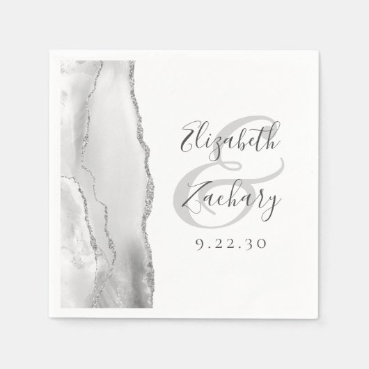 Agate Geode Script Grijs Wit Zilver Bruiloft Servet (Voorkant)