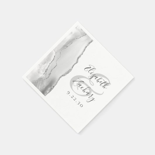 Agate Geode Script Grijs Wit Zilver Bruiloft Servet (Hoek)