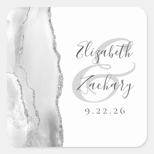 Agate Geode Script Grijs Zilveren Bruiloft Vierkante Sticker (Voorkant)