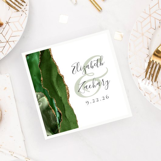 Agate Geode Script Hunter Green Gold Wedding Servet