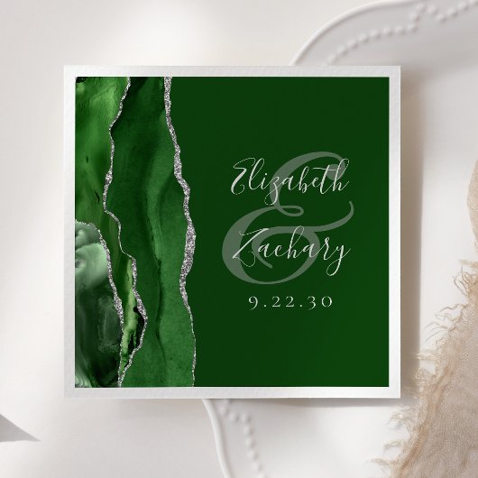 Agate Geode Script Hunter Groen Zilveren Bruiloft Servet