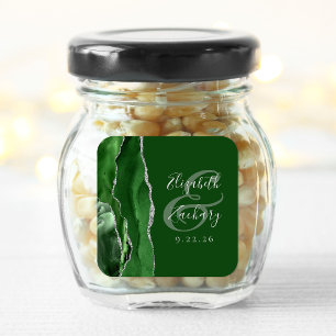 Agate Geode Script Jager Groen Zilveren Bruiloft Vierkante Sticker