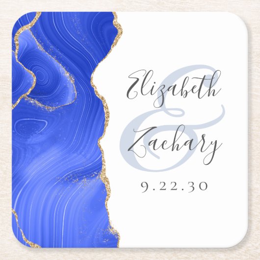 Agate Geode Script Koninklijk Blauwe Gouden Trouw Kartonnen Onderzetters (Voorkant)