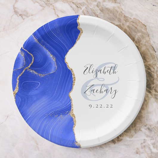 Agate Geode Script Koninklijk Blauwe Gouden Trouw Papieren Bordje