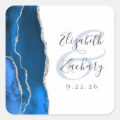 Agate Geode Script Koninklijk Blauwe Zilveren Huwe Vierkante Sticker (Voorkant)
