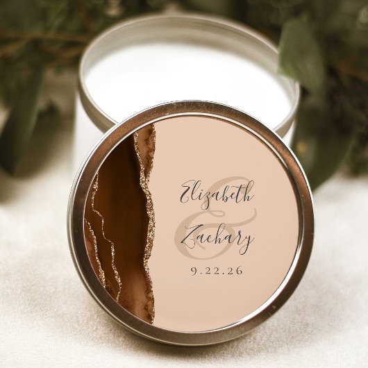 Agate Geode Script Mocha Bruin Goud Tan Bruiloft Ronde Sticker