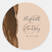 Agate Geode Script Mocha Bruin Goud Tan Bruiloft Ronde Sticker (Voorkant)