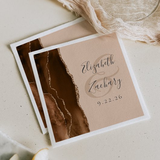 Agate Geode Script Mocha Bruin Goud Tan Bruiloft Servet