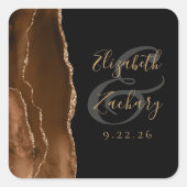 Agate Geode Script Mocha Bruin Goud Zwart Trouwen Vierkante Sticker (Voorkant)