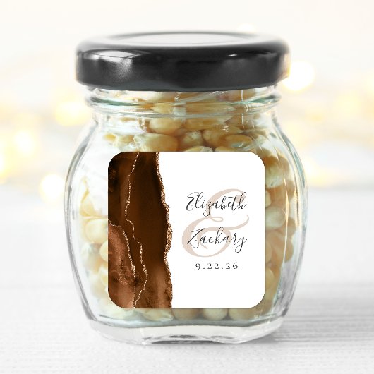 Agate Geode Script Mocha Bruin Gouden Trouw Vierkante Sticker