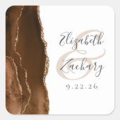 Agate Geode Script Mocha Bruin Gouden Trouw Vierkante Sticker (Voorkant)