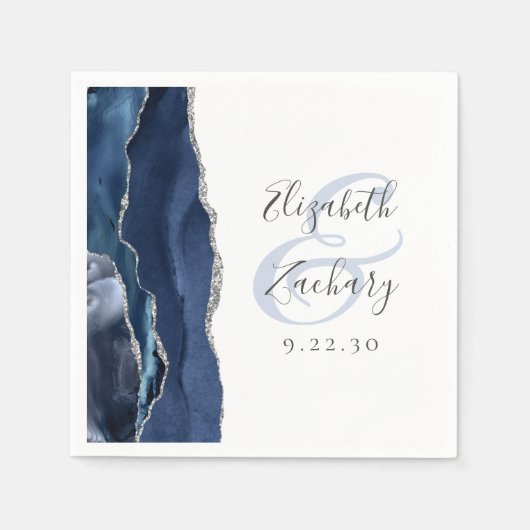 Agate Geode Script Navy Blauwe Zilveren Bruiloft Servet (Voorkant)