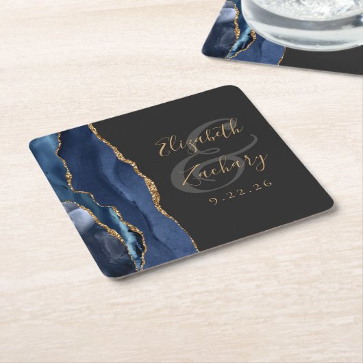 Agate Geode Script Navy Blue Gold Donk Weddenschap Kartonnen Onderzetters (Schuin)