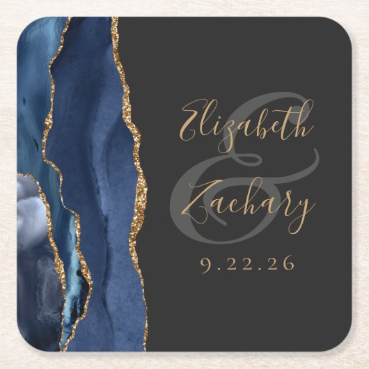 Agate Geode Script Navy Blue Gold Donk Weddenschap Kartonnen Onderzetters (Voorkant)
