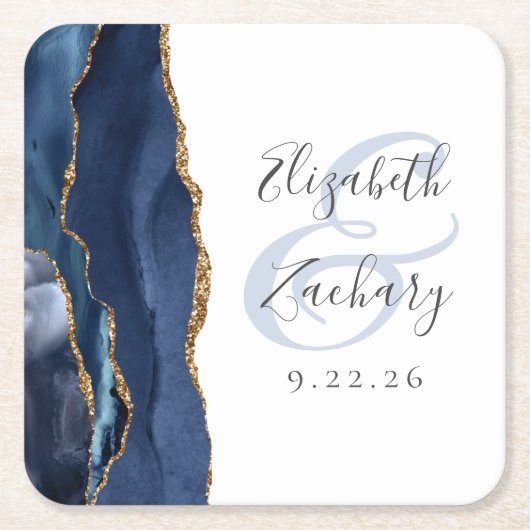 Agate Geode Script Navy Blue Gold Wedding Kartonnen Onderzetters (Voorkant)