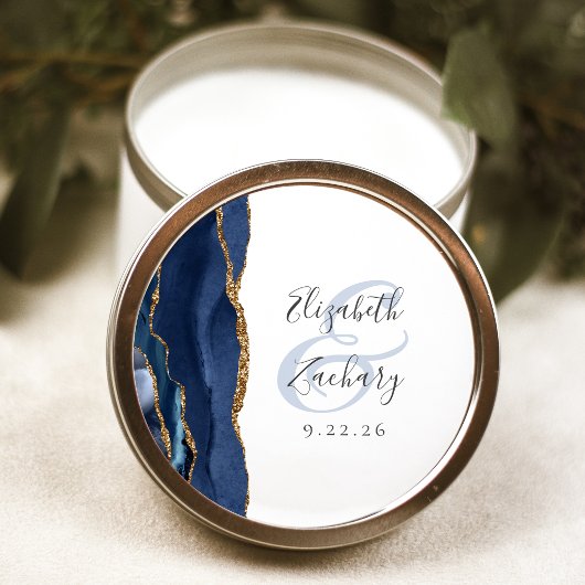 Agate Geode Script Navy Blue Gold Wedding Ronde Sticker