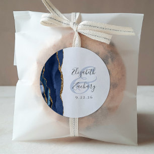 Agate Geode Script Navy Blue Gold Wedding Ronde Sticker