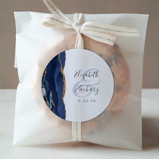 Agate Geode Script Navy Blue Gold Wedding Ronde Sticker