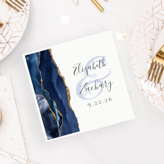 Agate Geode Script Navy Blue Gold Wedding Servet