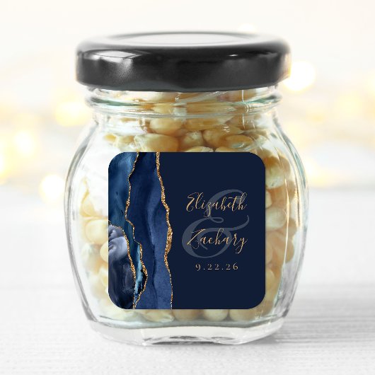 Agate Geode Script Navy Blue Gold Wedding Vierkante Sticker