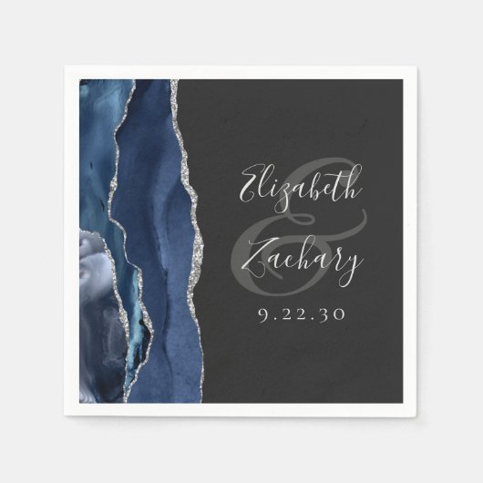 Agate Geode Script Navy Blue Silver Dark Weddensch Servet (Voorkant)