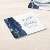 Agate Geode Script Navy Blue Silver Wedding Kartonnen Onderzetters (Schuin)