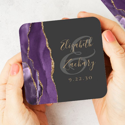 Agate Geode Script Paars Gold Dark Weddenschap Kartonnen Onderzetters