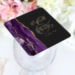 Agate Geode Script Paars Gold Dark Weddenschap Kartonnen Onderzetters<br><div class="desc">Dit elegante moderne bruiloft onderzetter is voorzien van een paarse waterverf-agate vormgeving,  getrimd met faux goudglitter. Pas eenvoudig de gouden kleurtekst aan op een grijze achtergrond met houtskool,  met de namen van de bruid en de groom in handschriftelende kalligrafie over een groot,  middelgrijs ampersand.</div>