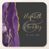 Agate Geode Script Paars Gold Dark Weddenschap Kartonnen Onderzetters (Voorkant)