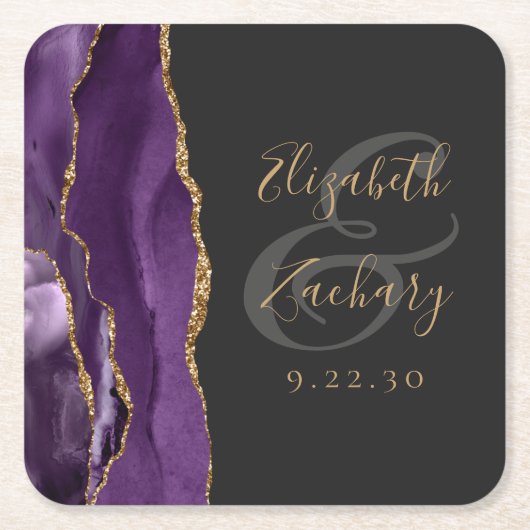 Agate Geode Script Paars Gold Dark Weddenschap Kartonnen Onderzetters (Voorkant)