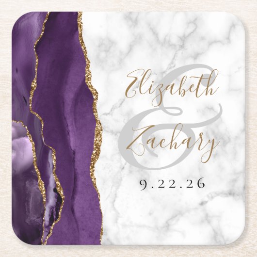Agate Geode Script Paars Gold Marble Wedding Kartonnen Onderzetters (Voorkant)