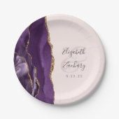 Agate Geode Script Paars Goud Blozen Bruiloft Papieren Bordje (Voorkant)
