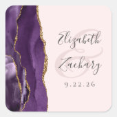 Agate Geode Script Paars Goud Blozen Bruiloft Vierkante Sticker (Voorkant)