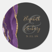 Agate Geode Script Paars Goud Donkere Bruiloft Ronde Sticker (Voorkant)
