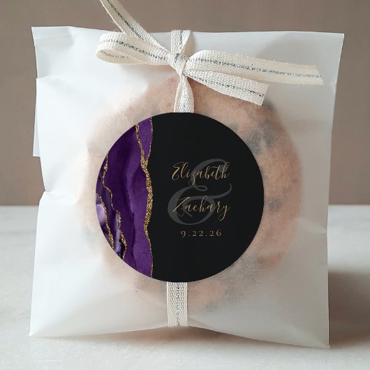 Agate Geode Script Paars Goud Donkere Bruiloft Ronde Sticker