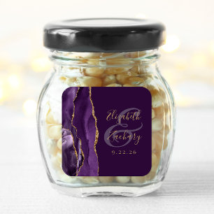 Agate Geode Script Paars Goud Pruim Trouwen Vierkante Sticker