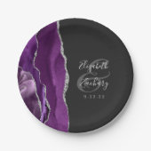 Agate Geode Script Paars Zilver Donkere Bruiloft Papieren Bordje (Voorkant)