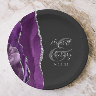 Agate Geode Script Paars Zilver Donkere Bruiloft Papieren Bordje