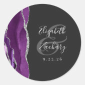 Agate Geode Script Paars Zilver Donkere Bruiloft Ronde Sticker (Voorkant)