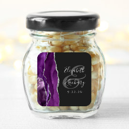 Agate Geode Script Paars Zilver Donkere Bruiloft Vierkante Sticker