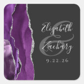 Agate Geode Script Paars Zilver Donkere Bruiloft Vierkante Sticker (Voorkant)