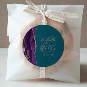Agate Geode Script Paarse Gouden Blauwgroen Bruilo Ronde Sticker