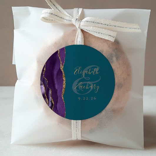 Agate Geode Script Paarse Gouden Blauwgroen Bruilo Ronde Sticker