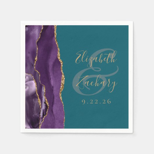 Agate Geode Script Paarse Gouden Blauwgroen Bruilo Servet (Voorkant)
