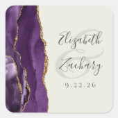 Agate Geode Script Paarse gouden ivoor bruiloft Vierkante Sticker (Voorkant)