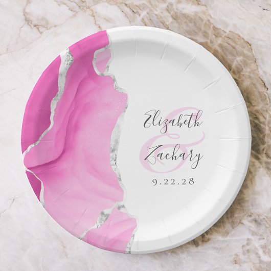 Agate Geode Script Roze Zilveren Bruiloft Papieren Bordje
