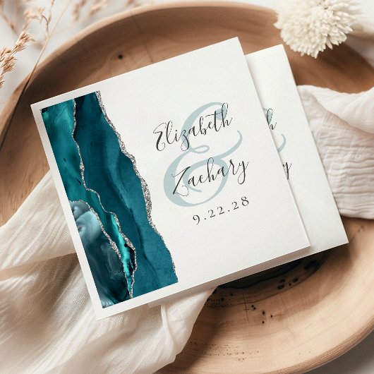 Agate Geode Script Teal Blau Zilveren Bruiloft Servet