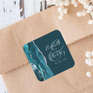 Agate Geode Script Teal Blau Zilveren Bruiloft Vierkante Sticker