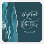 Agate Geode Script Teal Blau Zilveren Bruiloft Vierkante Sticker (Voorkant)