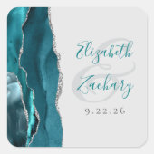 Agate Geode Script Teal Blue Silver Gray Wedding Vierkante Sticker (Voorkant)